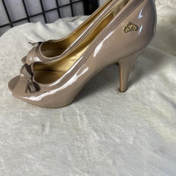 GUC Fergalicious Nude/Tan Open Toe Pumps size 7.5 - Picture 3 of 7